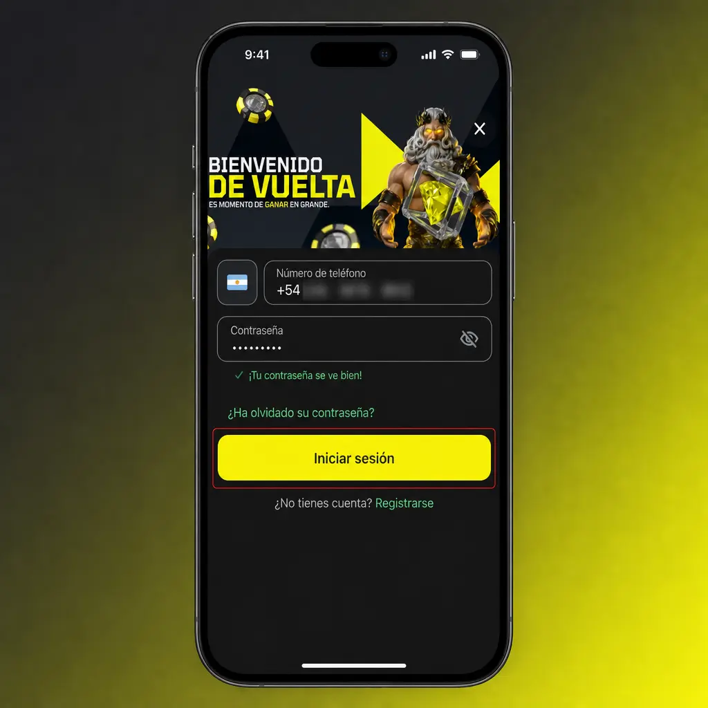 Pantalla para iniciar sesión con botón de acceso e indicaciones para ingresar email o celular de registro