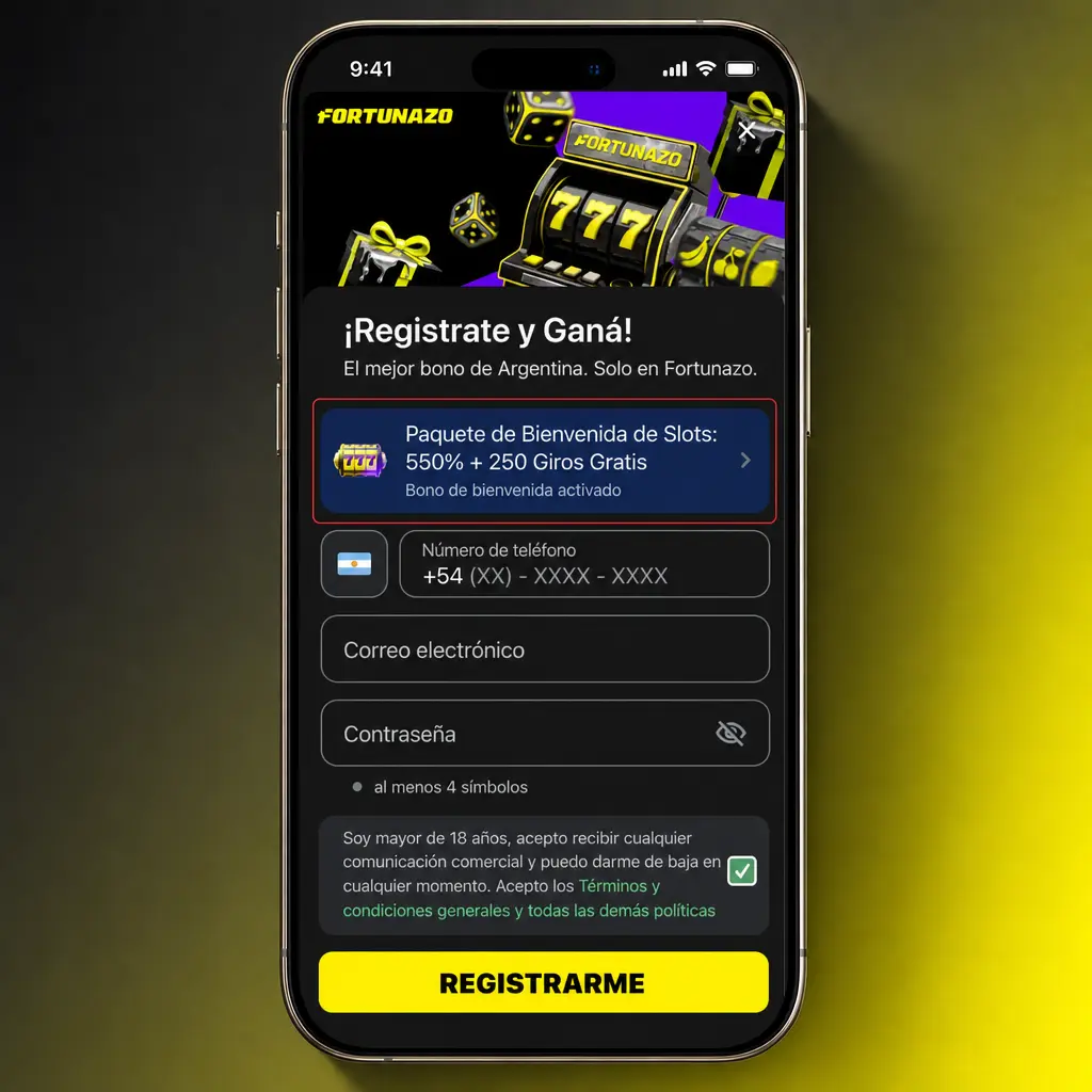 Pantalla para activar el bono de bienvenida con 550% en casino, 250 giros gratis y apuestas gratis