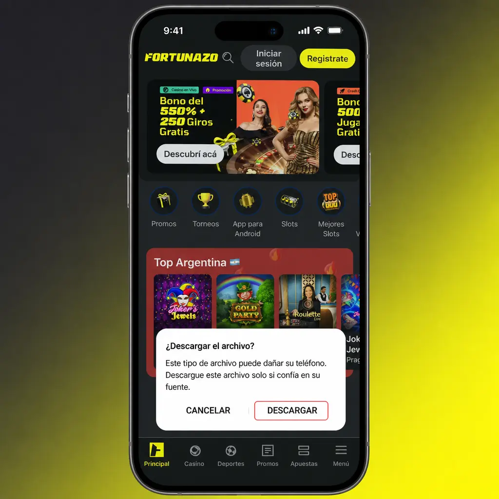 Guía paso a paso para descargar e instalar Fortunazo APK en Android con permiso del navegador.