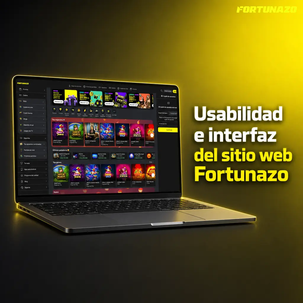 Interfaz de Fortunazo con fondo oscuro, acentos neón, tarjetas de juego y menú de apuestas y casino