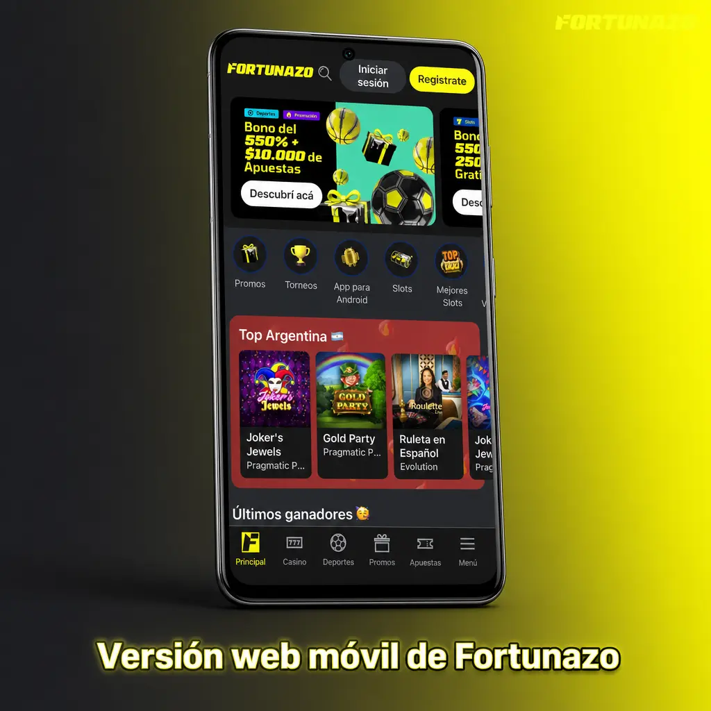 Versión web móvil de Fortunazo en smartphone con acceso a deportes, casino, pagos, bonos y soporte